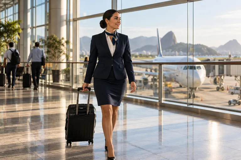 Tripulante com mala em terminal de aeroporto, imagem ilustrativa