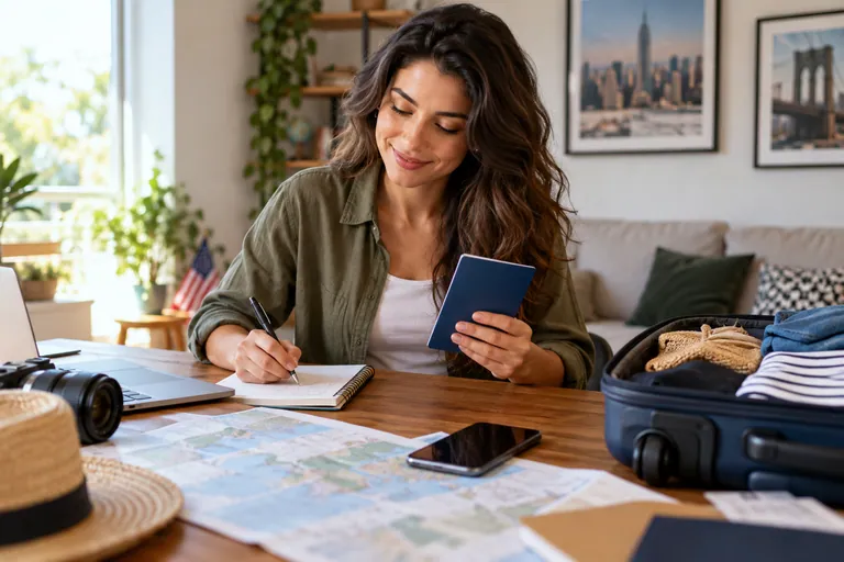 Pessoa organizando passaporte e anotações para viagem