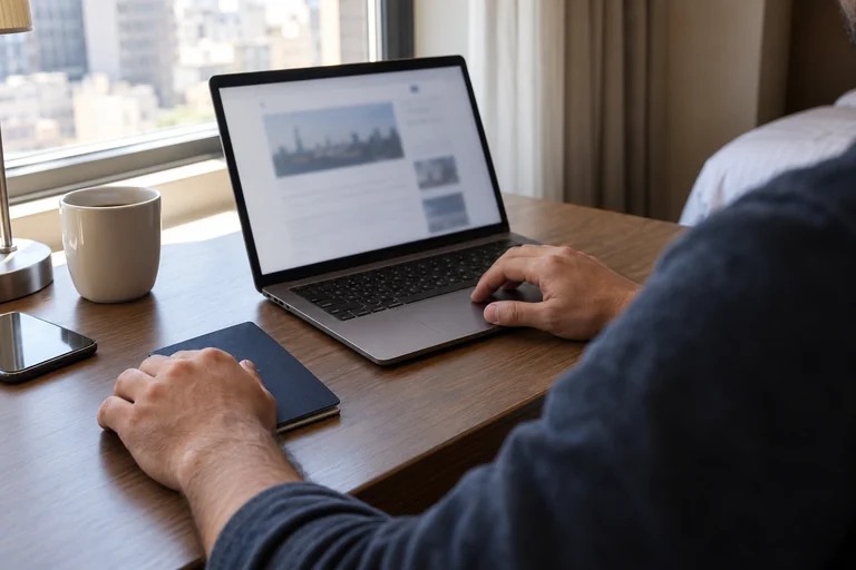 Viajante consulta informações no notebook, com o passaporte à mão.