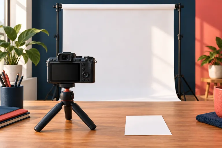Imagem ilustrativa de câmera e fundo branco para fotografia.